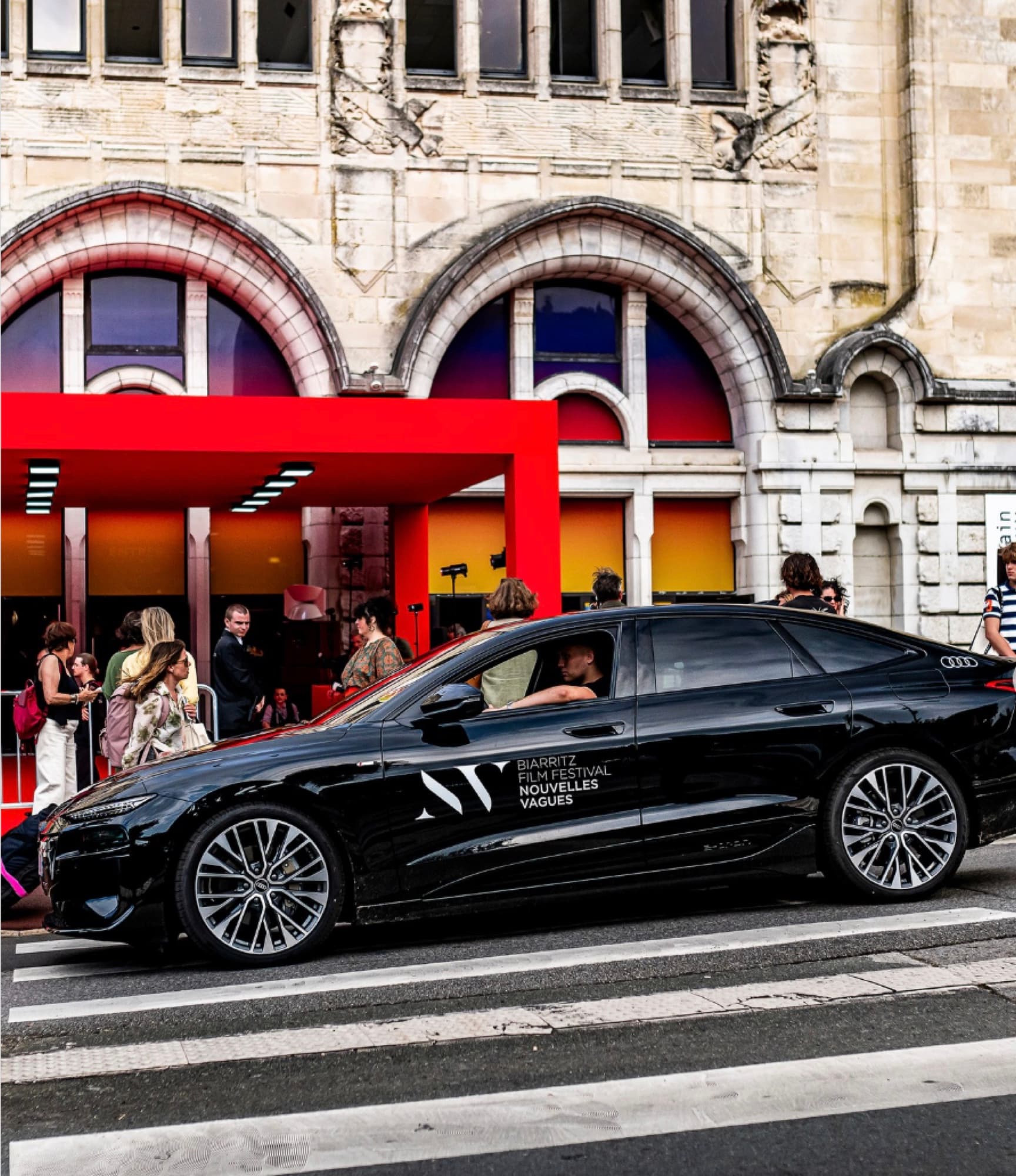 Official Nouvelles Vagues festival car outside the Casino de Biarritz, daytime